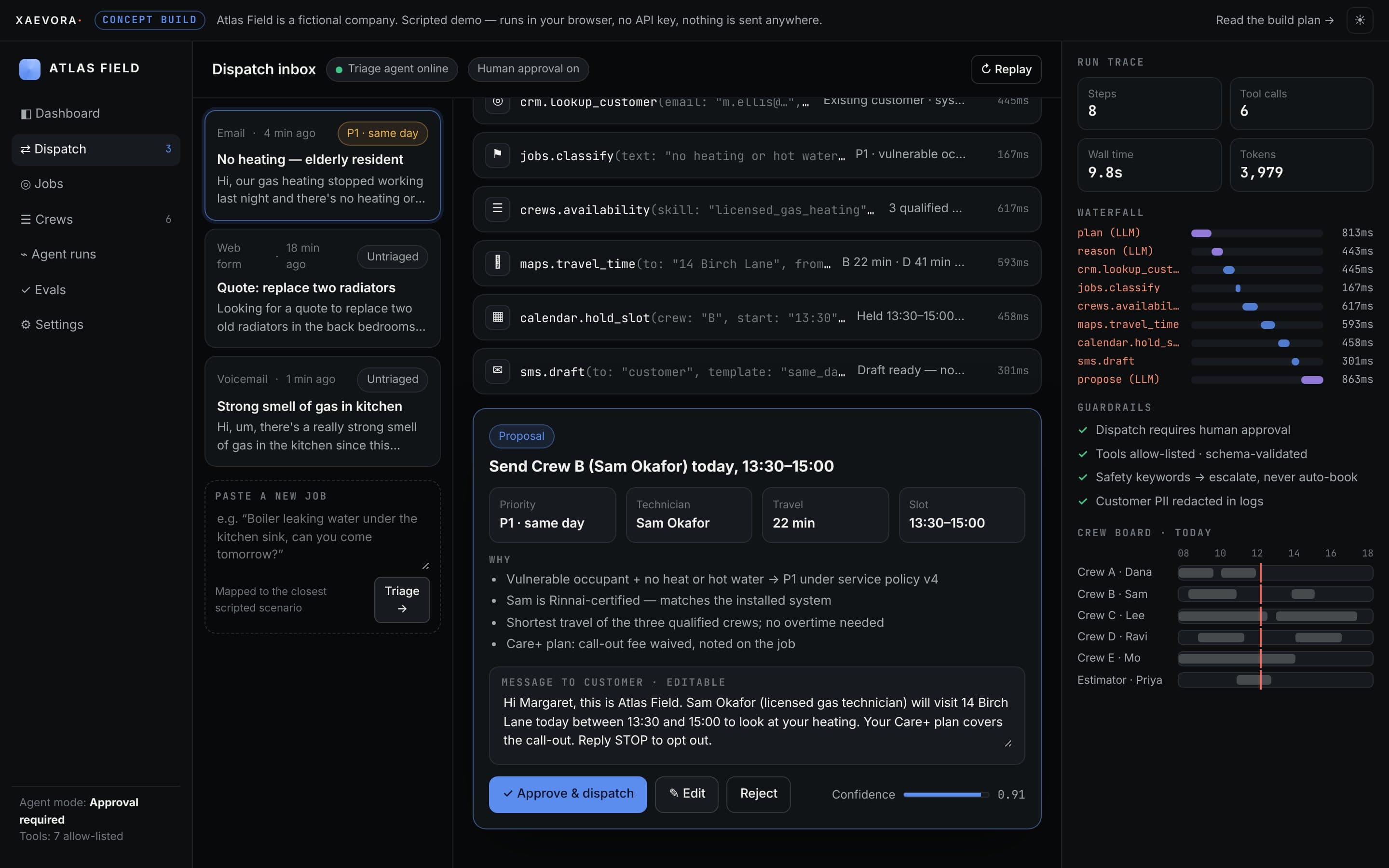 Screen recording of the Atlas Field demo: An agent reads a job, writes a plan, calls CRM, crew, maps, calendar and SMS tools, then proposes an assignment you approve — with the full trace beside it.