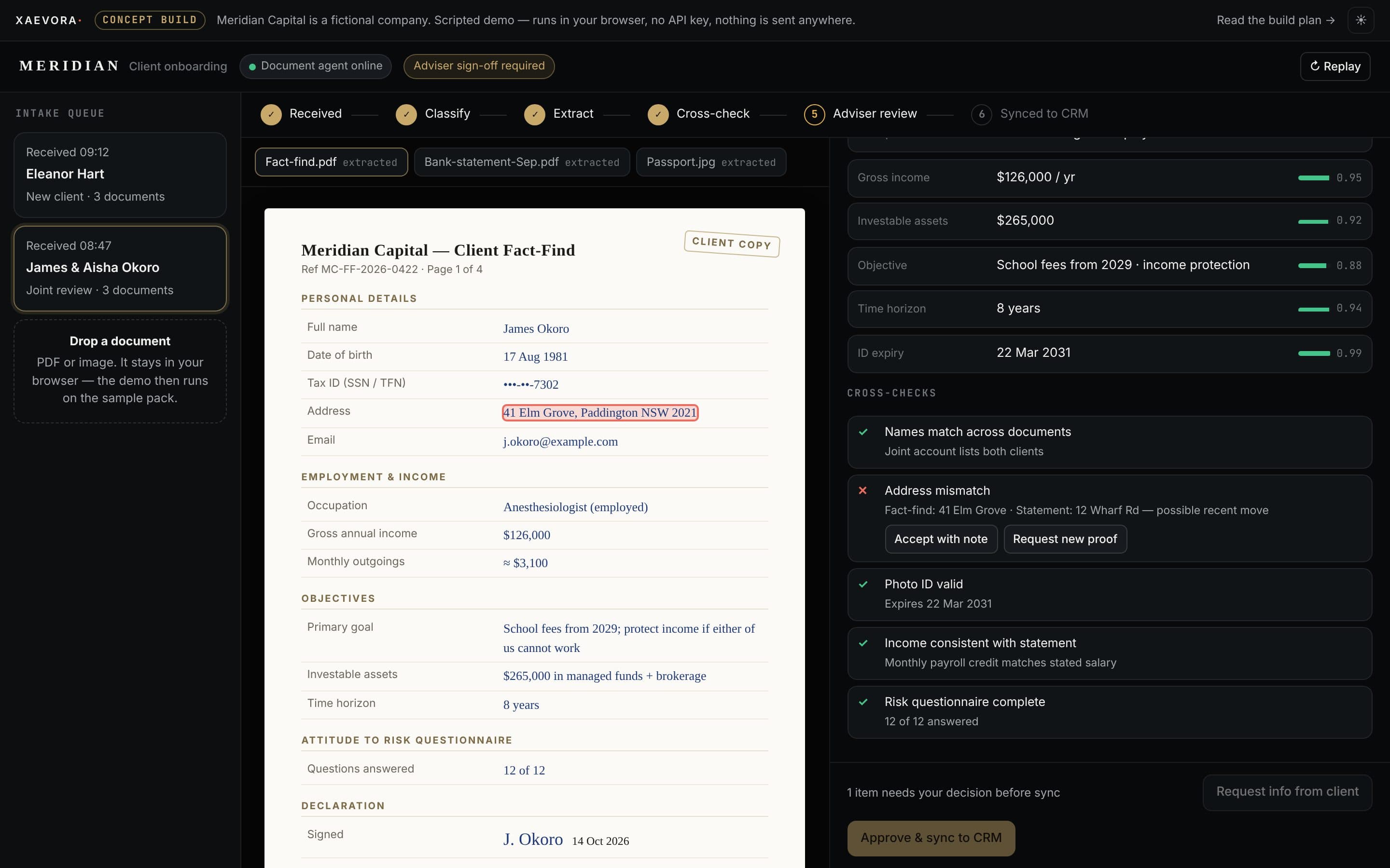 Screen recording of the Meridian Capital demo: Watch an onboarding pack become a verified CRM record: extraction with confidence scores, cross-document checks, and adviser sign-off before sync.