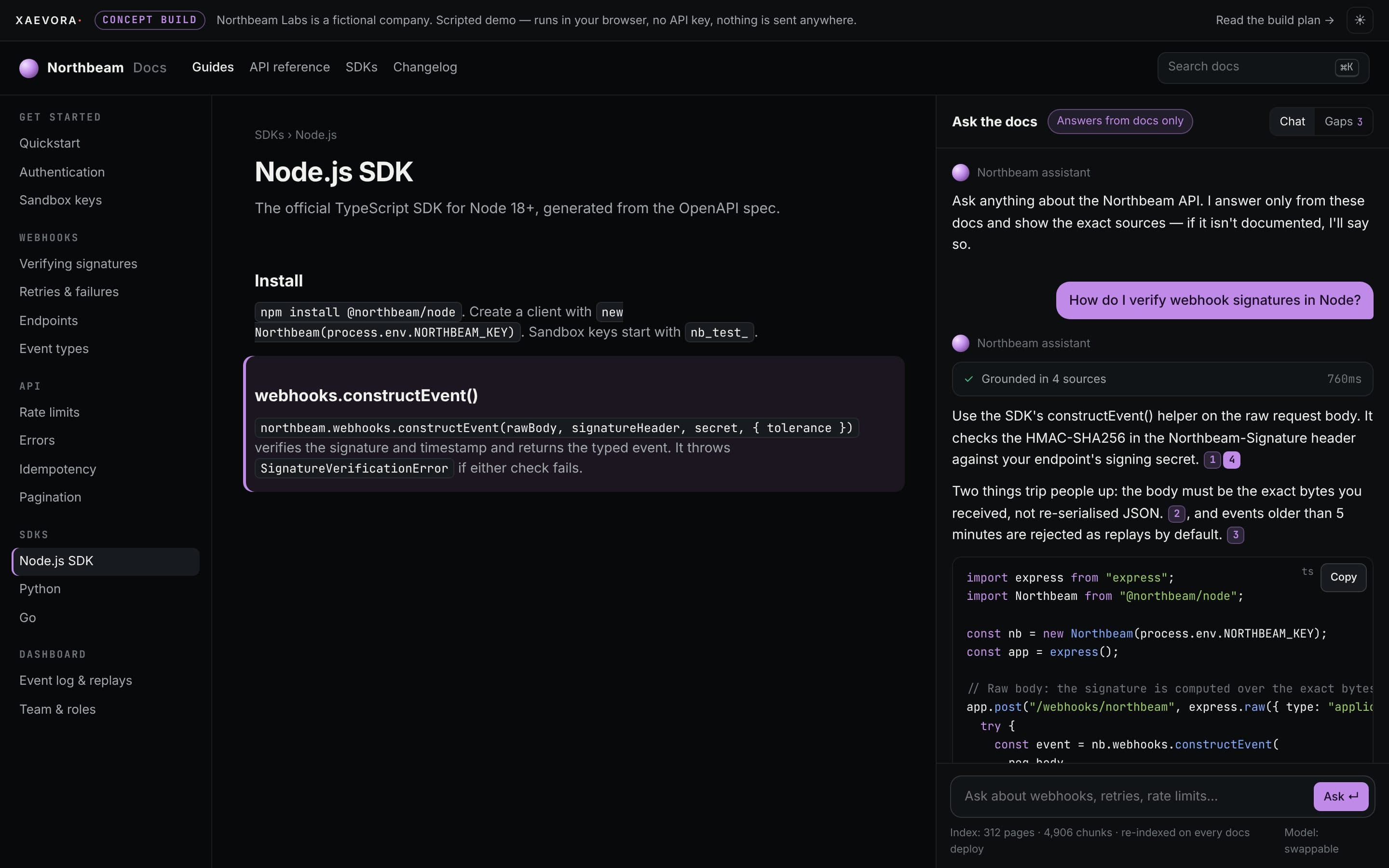 Screen recording of the Northbeam Labs demo: Ask the docs and get a streamed answer with runnable code, inline citations and the retrieval trace — and an honest 'not in the docs' that feeds a gap report.