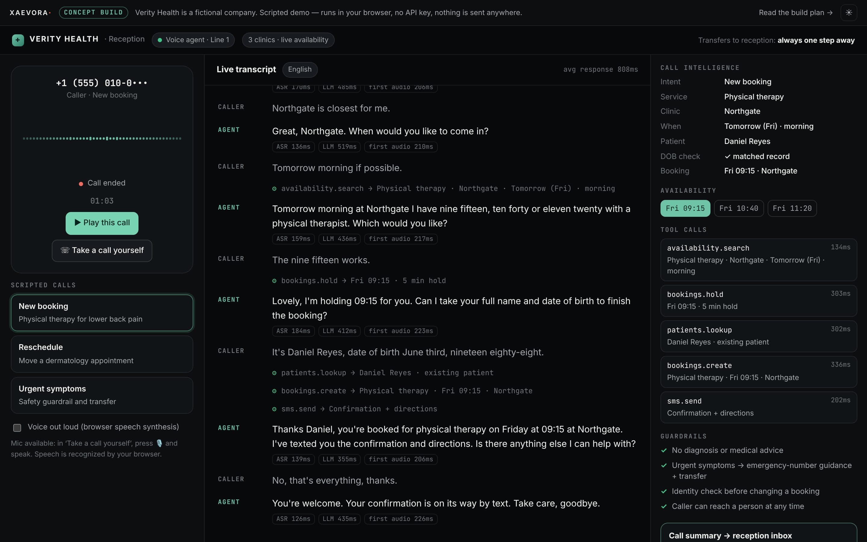 Screen recording of the Verity Health demo: A phone receptionist that books, reschedules and routes calls — live waveform, transcript, tool calls and hard safety guardrails. Take a call yourself by voice or text.