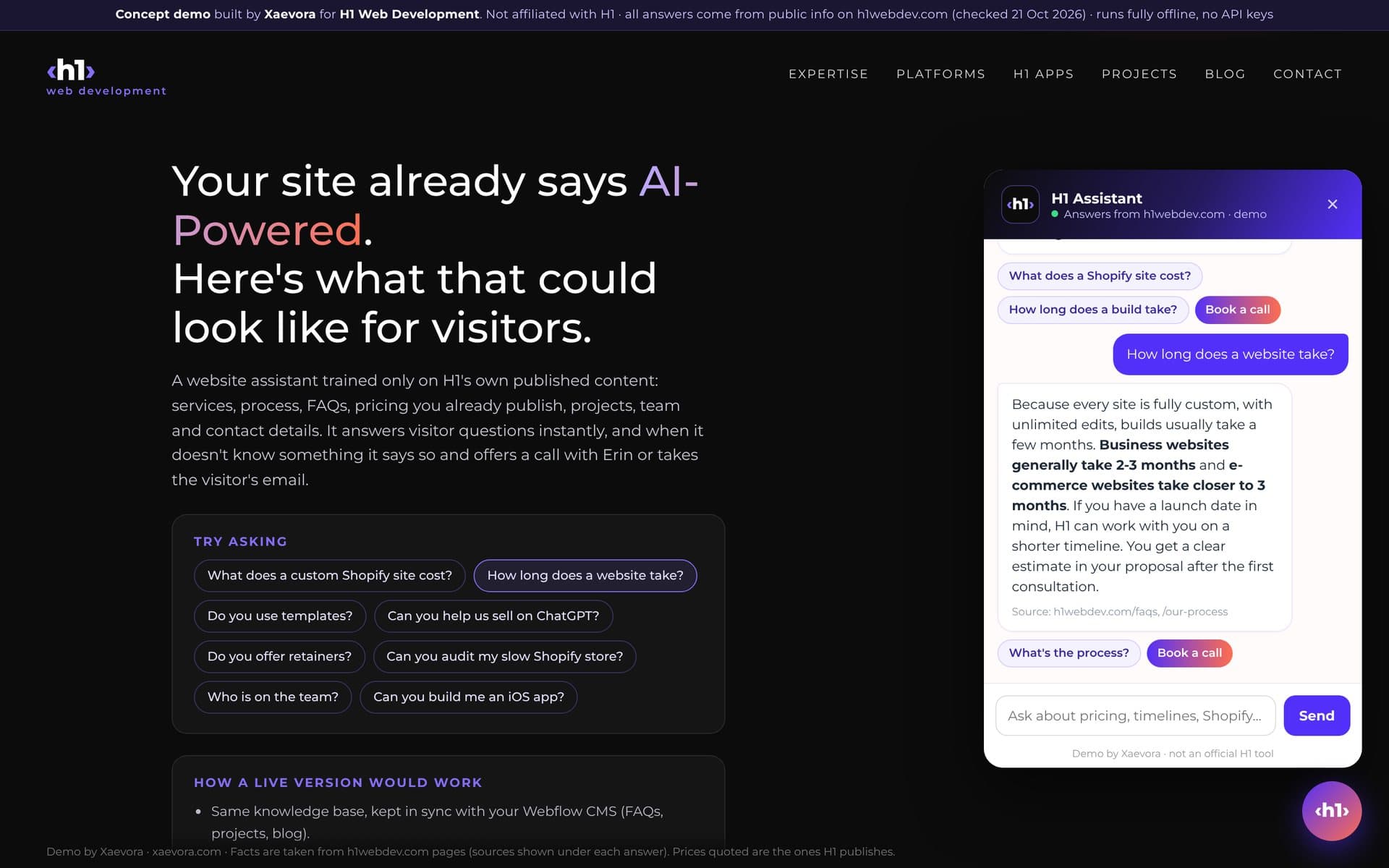 Screenshot of the live H1 assistant demo answering 'How long does a website take?' with the source pages shown under the answer